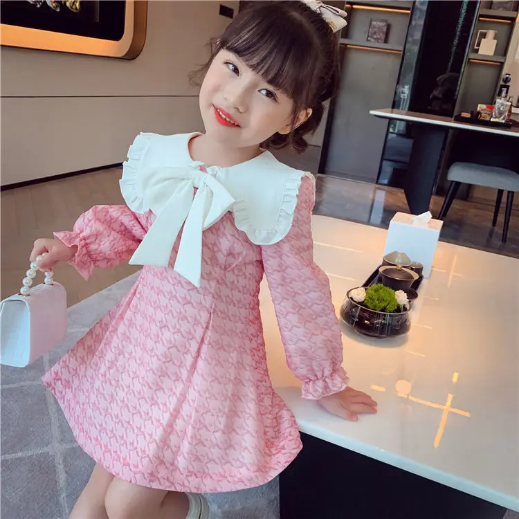 Girls' Dress Spring and Autumn New Children's Sweet Bow Princess Dress Medium Older Children's Long-sleeved Skirt Children