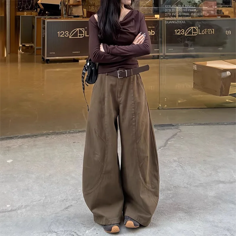 High Waist Loose Wide Leg Denim Pants Women's Fashion Bend Knife Brown Coffee Color Workwear Winter New Style Trousers