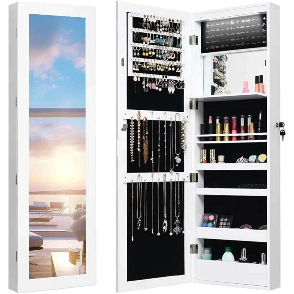 LED Jewelry Cabinet Wall Mounted Door Hanging, Lockable Jewelry Armoire with 47.2'' Full Length Mirror, Foldable Makeup Tray