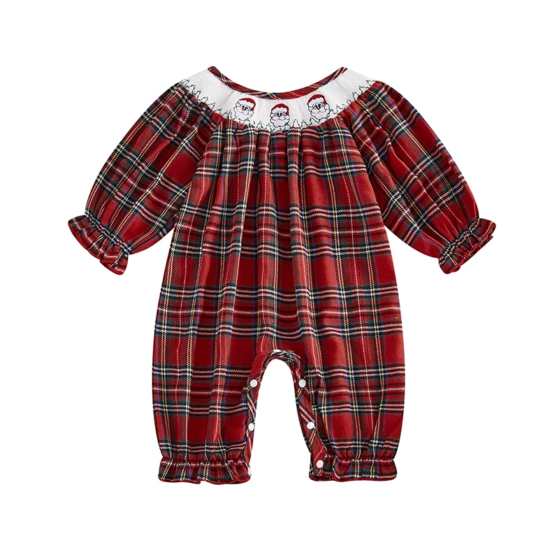 

Baby Girl Christmas Plaid Romper Shirred Ruffle Long Sleeve Full Length Jumpsuit Winter Fall Clothes