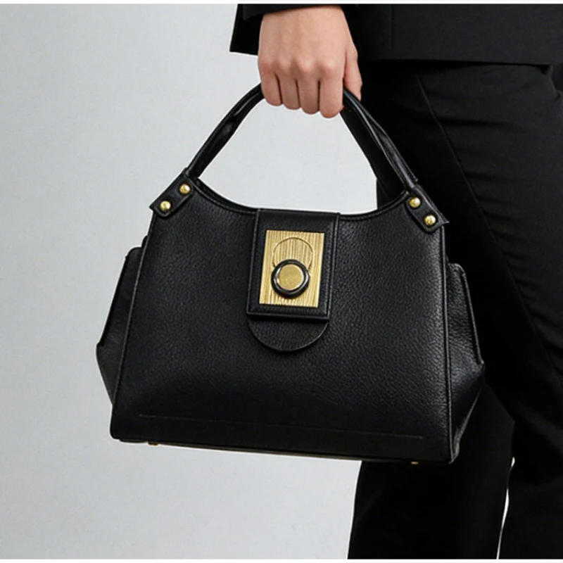 

Luxury Black Leather Top-handle Bag Gold Metal Buckle Decor Shoulder Bag Versatile Crossbody Handbag Women Classic Commuter Bag