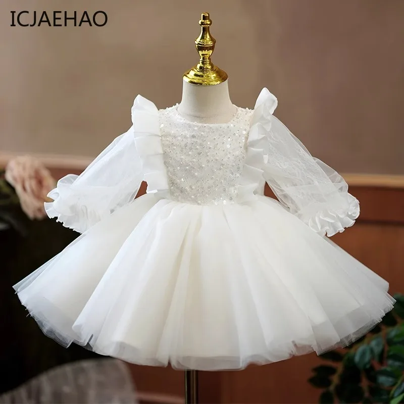 

Girls White Party Dress Teenagers Weddings Robe Kids Luxury Princess Ball Gown for Gala Infants Tulle Sparkling Dresses2024