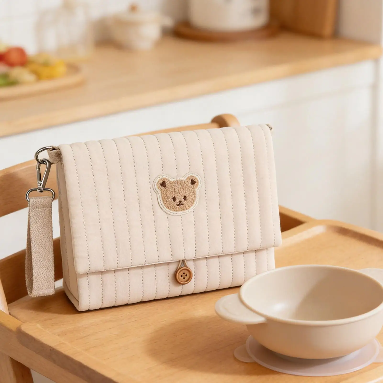Diaper Pouch Cute Bear Embroidery Foldable Purse With Stroller Strap Multiple Pockets Diaper Purse For Mom For Boy Girl Dad Road