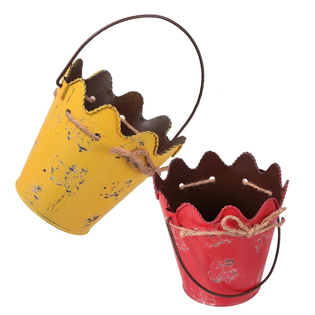 

2PCS Tin Pot Vintage Iron Succulent Flower Pot Planter Handle Succulents Decor Metal Container Planters