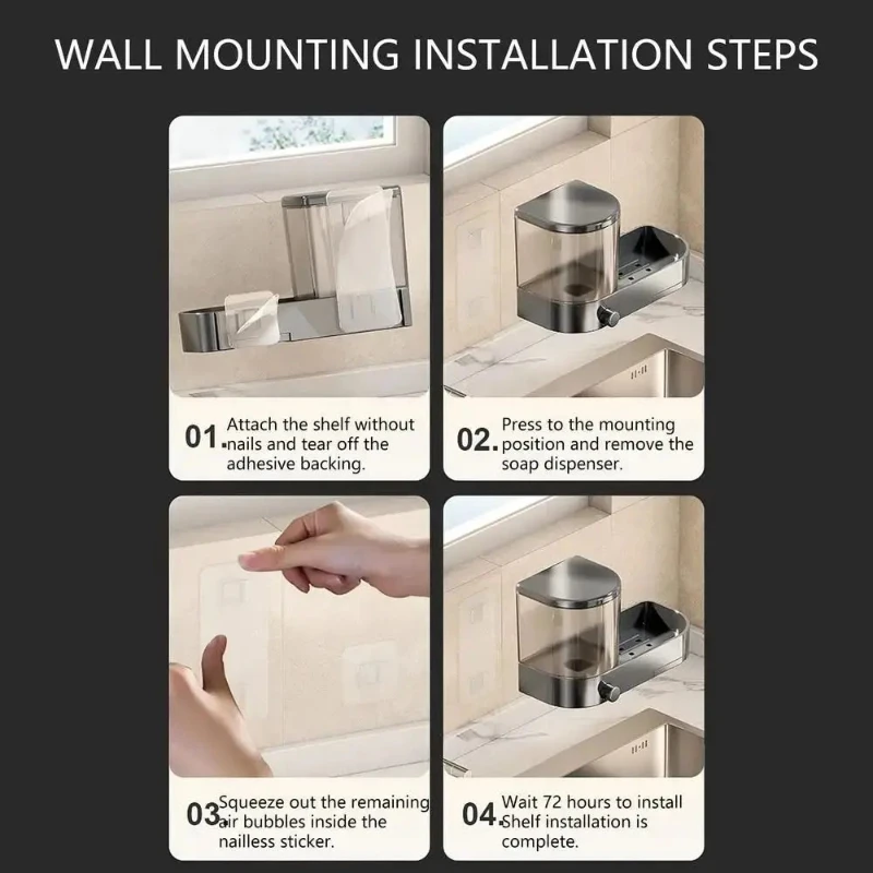 Dispenser di sapone da parete con vassoio in spugna e vaschetta di scarico, contenitore disinfettante per le mani di grande capacità, design salvaspazio