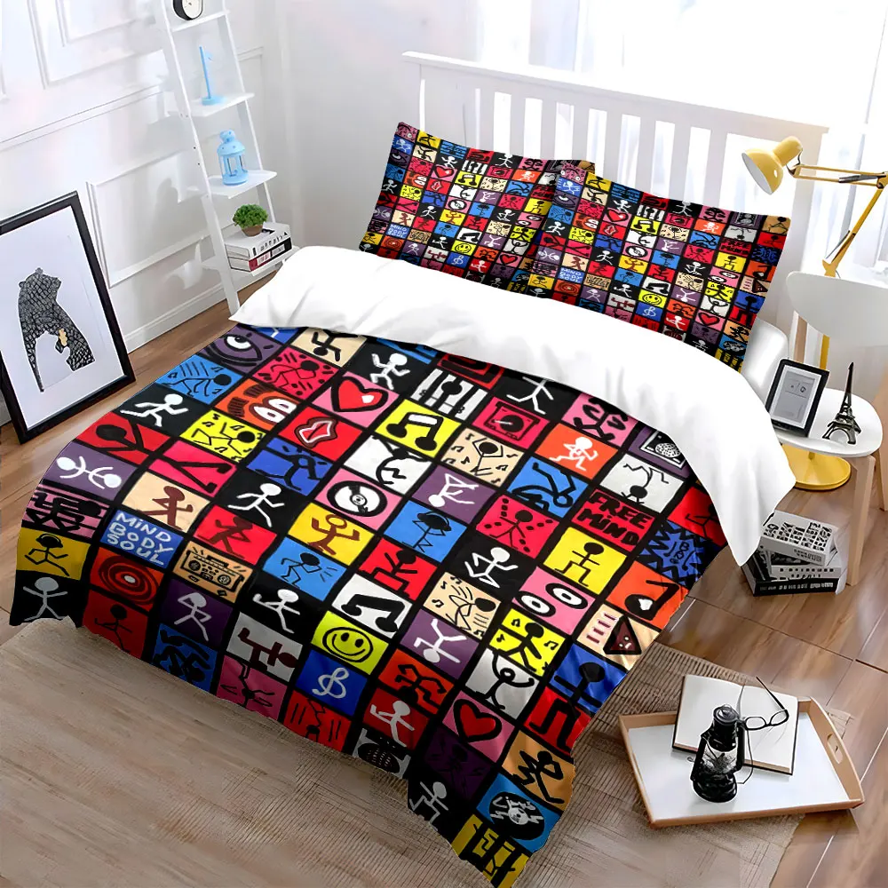 Colorful Abstract Stick Figure Collage Print Bedding Set 1 Duvet Cover 2 Pillowcases for Adult and Children Luxury Gift