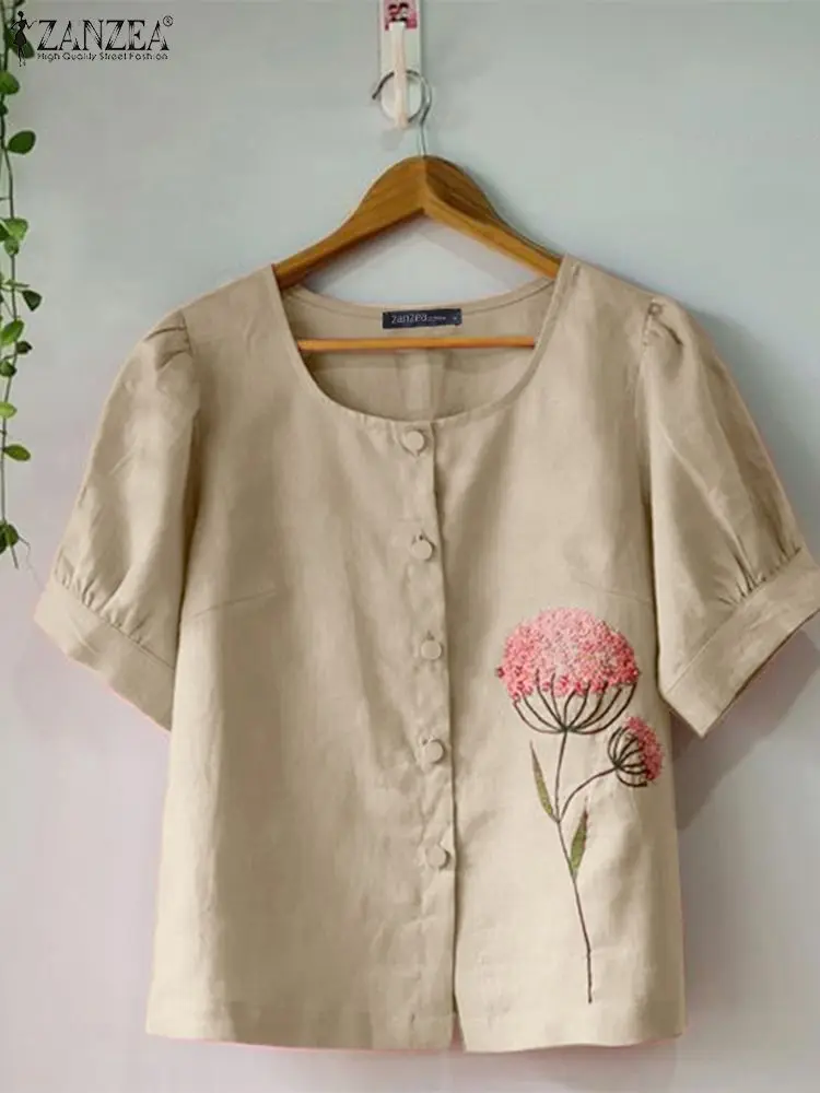 ZANZEA Womem Summer Floral Embroidery Blouse Vintage O Neck Short Sleeve Shirt Casual Loose Holiday Tops Tunic Solid Blusas 2024