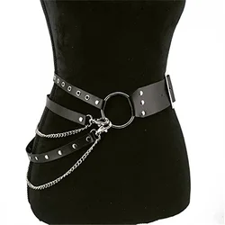 Women Gothic Punk Waist Belt Chain Metal Circle Ring Design Silver Pin Buckle PU Leather Black Waistband Jeans Waist Belts