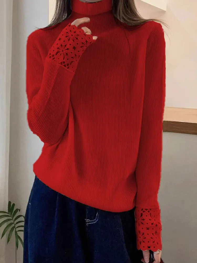 Warm Lace Hollow Long Sve High Collar Soft Comfortable Base irt Casual Commute Top Poetic Lin Korean Sle Loose Fit Sol...