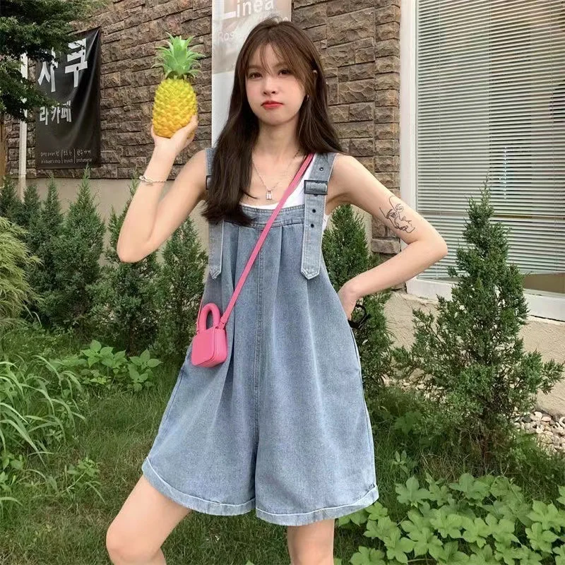 Curly Hem Denim Overalls Shorts Women's Summer New Salt-sweet Small Loose Romper Girl Woman Comfort Casual Loose High Quality