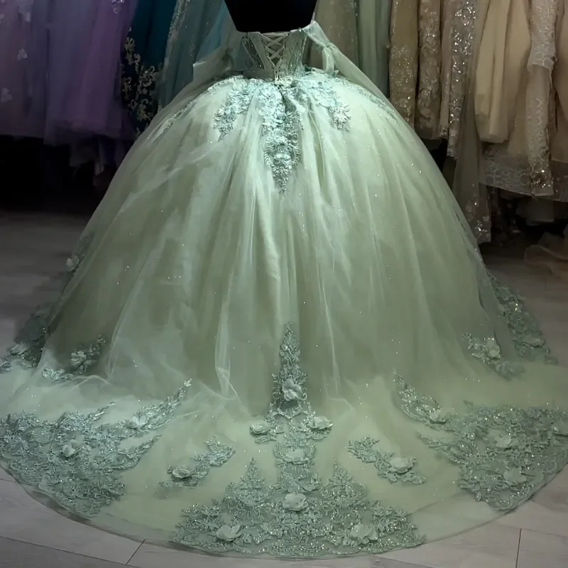 Sage Green Quinceanera abiti 2024 Hanmade 3D Flower Applique Beads Sweet 16 Dress Vestidos De XV 15 Anos Birthday Party Prom