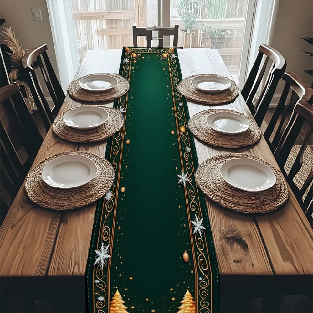 VIKAMA Luxury Jade Green Christmas Table Set, Golden Christmas Tree, Snowflakes Sparkling Stars, Christmas Dinner