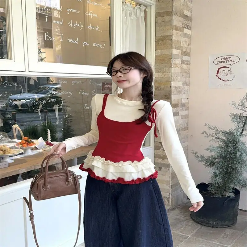 

Kawaii Модные топы для девочек Студенческая повседневная женская одежда с героями мультфильмов S Сладкий стиль Молодежная поддельная футболка из двух предметов с длинным рукавом Весна