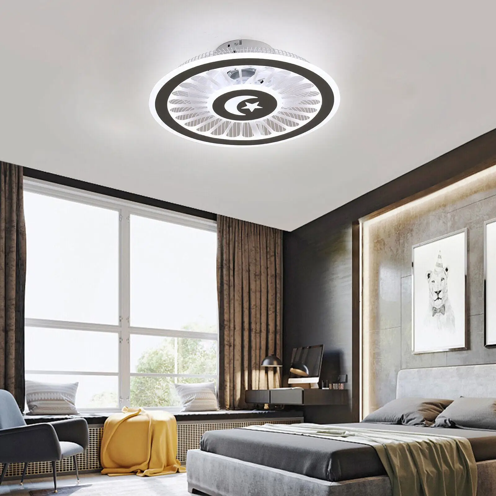 3 Speed Modern Timing Ceiling Fan w/ Light and Remote Control Semi Flush Mount Bedroom Dimmable Led Silent Electric Fan Lamp