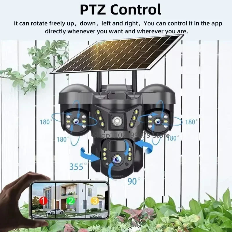 Solar 4G/WIFI IP Camera 15MP Three Lens Three Screen  Waterproof Monitor Night Vision Security Protection PTZ Video Surveillance