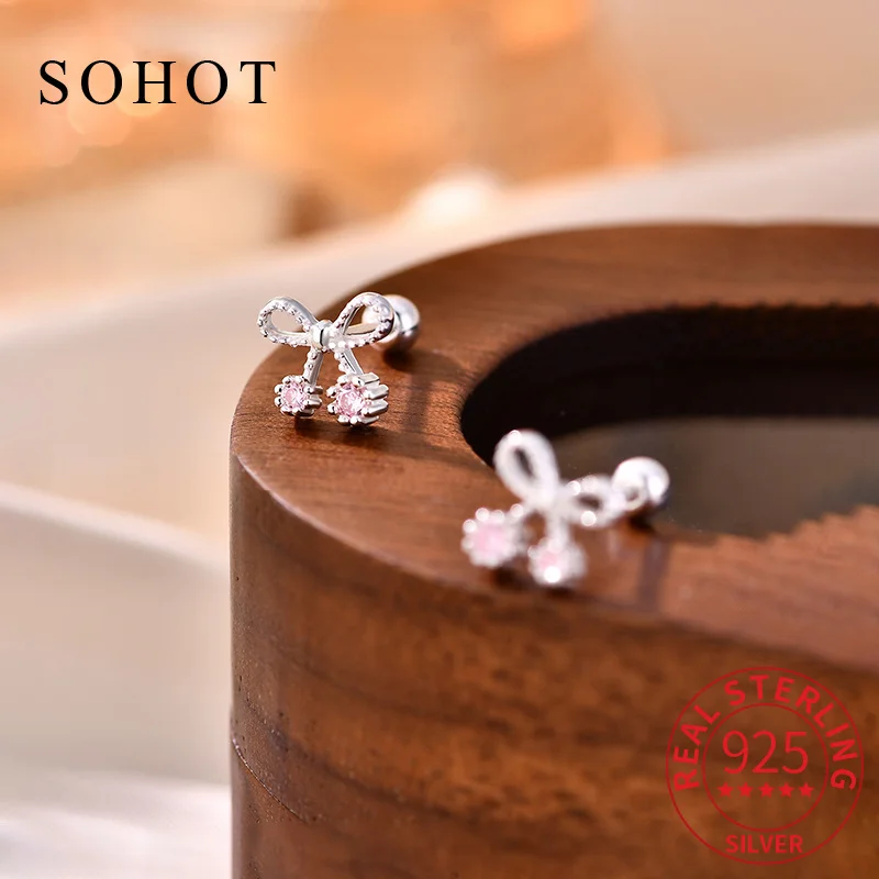 Real 925 Sterling Silver Exquisite Hollow Cute Shining Bowknot Stud Earrings for Women Piercing Fine Jewelry Accessories