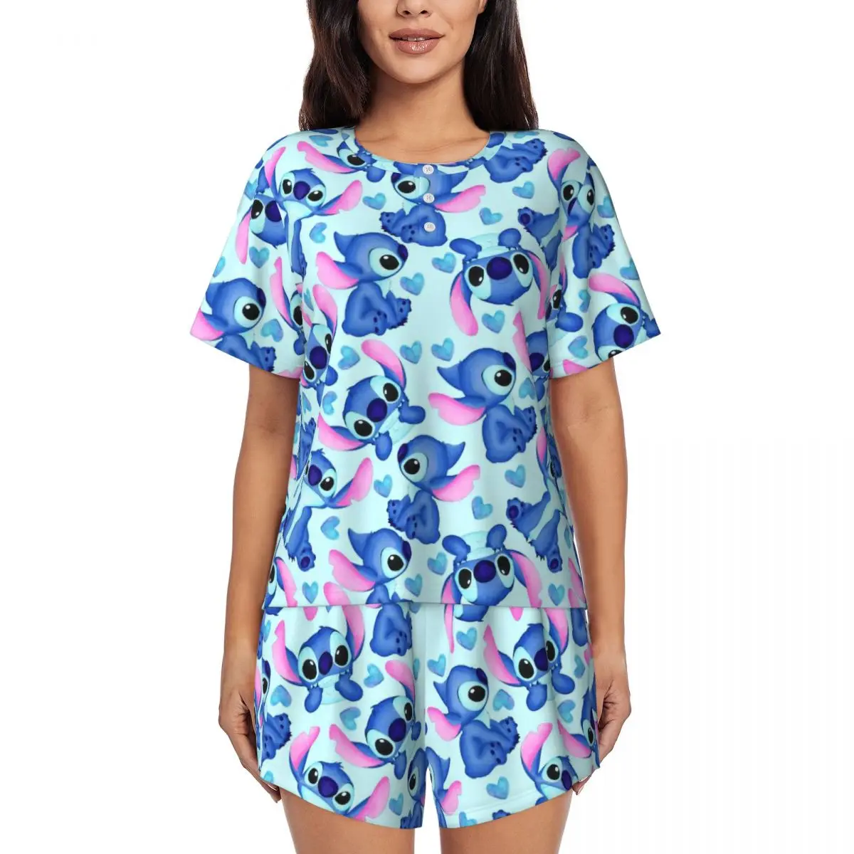 

Women Lilo Stitch Cartoon Anime Manga Pajamas Set Custom Print Short Sleeve Sleepwear Loungewear Pjs 2 Piece Sets