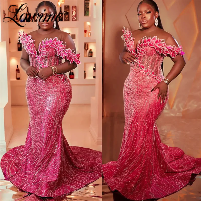 2024 Plus Size Mermaid Prom Dresses Long Sequined Beaded Sheer Neck Off Shoulder Evening 50th Birthday Party Gowns With 3D Leafs