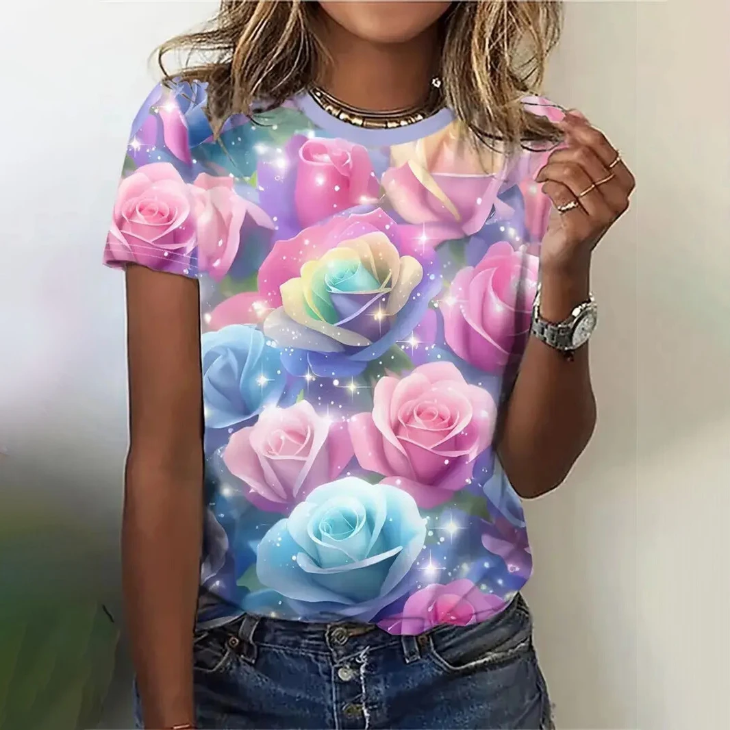 Flower Graphic T-Shirts Floral 3D Print Women's Casual O-Neck Short Sleeve T Shirt Street Y2k Harajuku Tees Tops Female Clothing