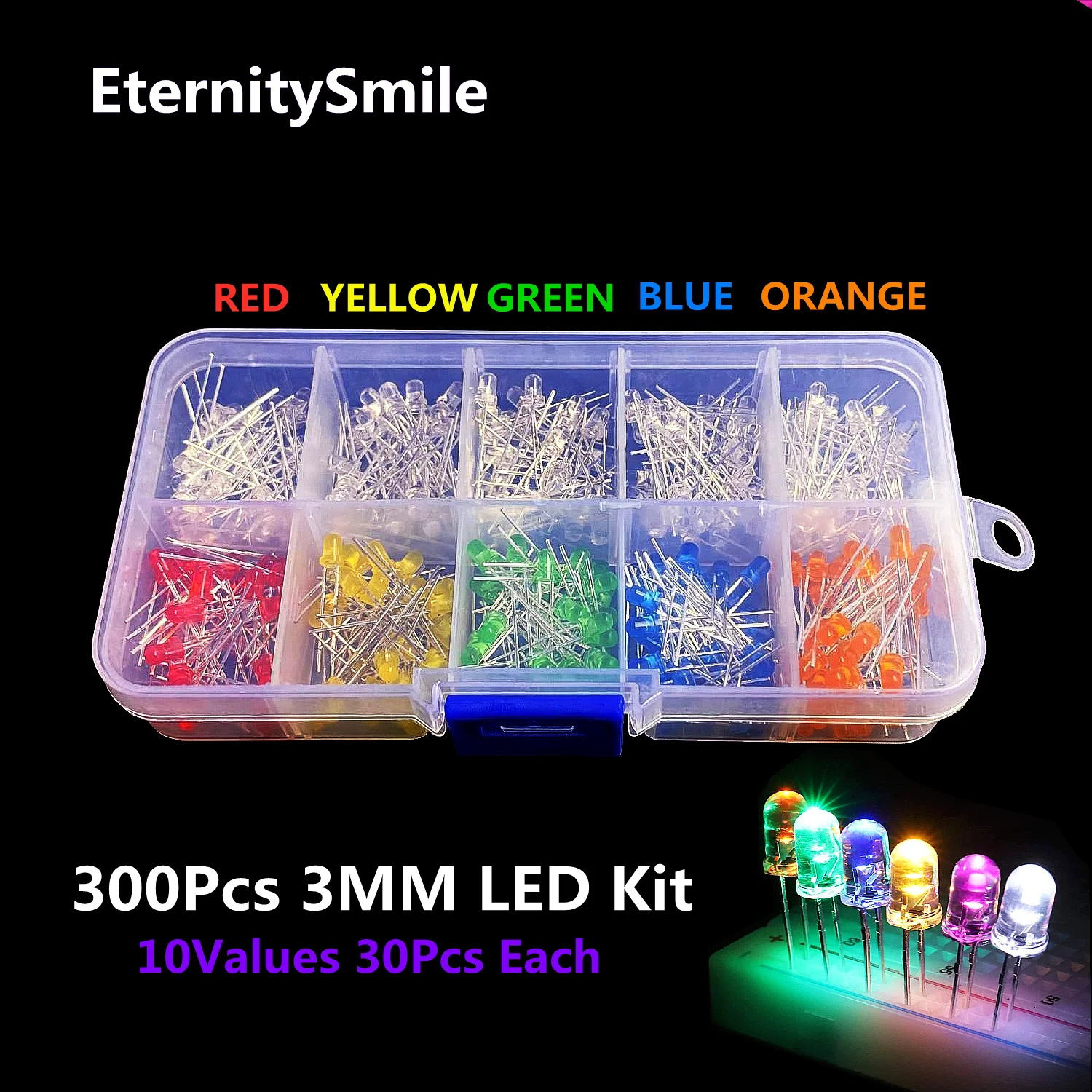 300Pcs/Box 10Values 3mm High Brightness LED Diode Assortment Kit Red Green Yellow Blue Orange