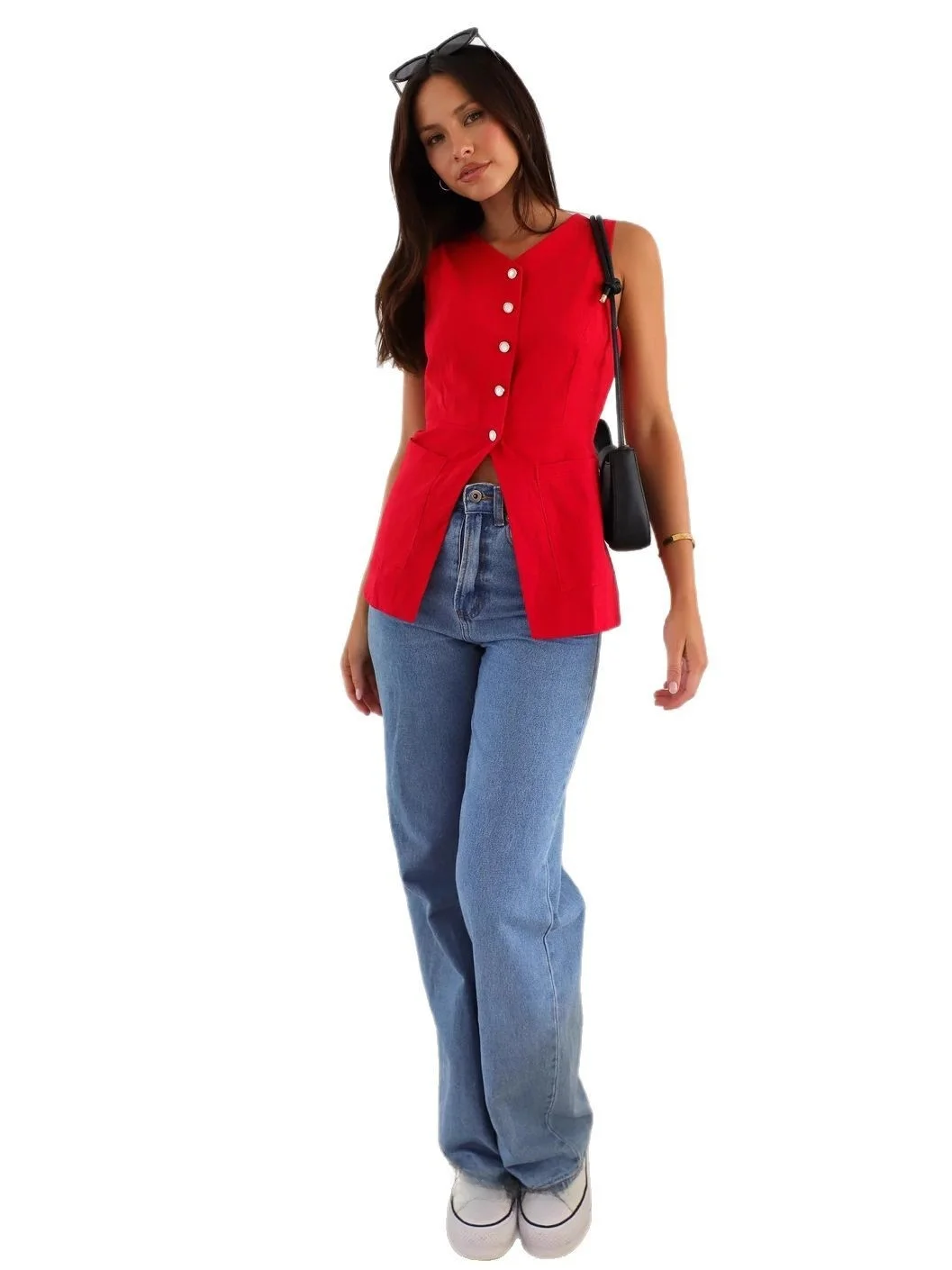 Reine Farbe V-ne Svel Weste Top Damen Faion Sommer irt Slim Fit Traditionelle Chinesische Sle Single Button Verschluss