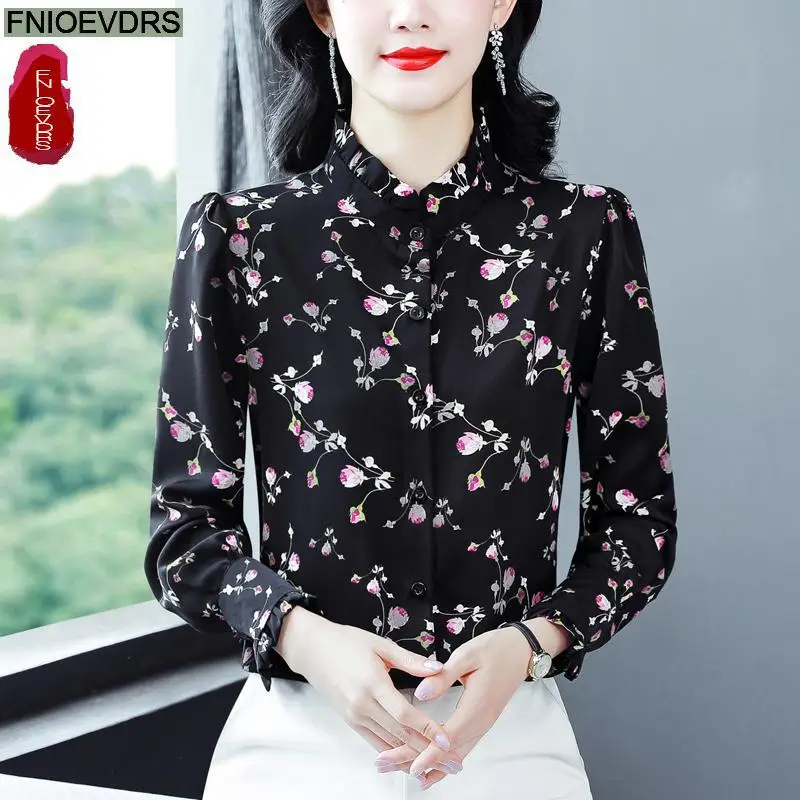 블랙 러플 상의 블라우스, 용수철 슬림 기본 착용, 긴 소매, 레트로 프렌치 디자인, 꽃 프린트, 꽃 셔츠, 2025 신상