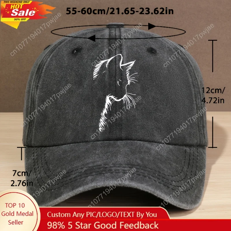 Unisex stylish washed baseball cap with letter cutout cat pattern adjustable trucker hat suitable forcamping fishing.