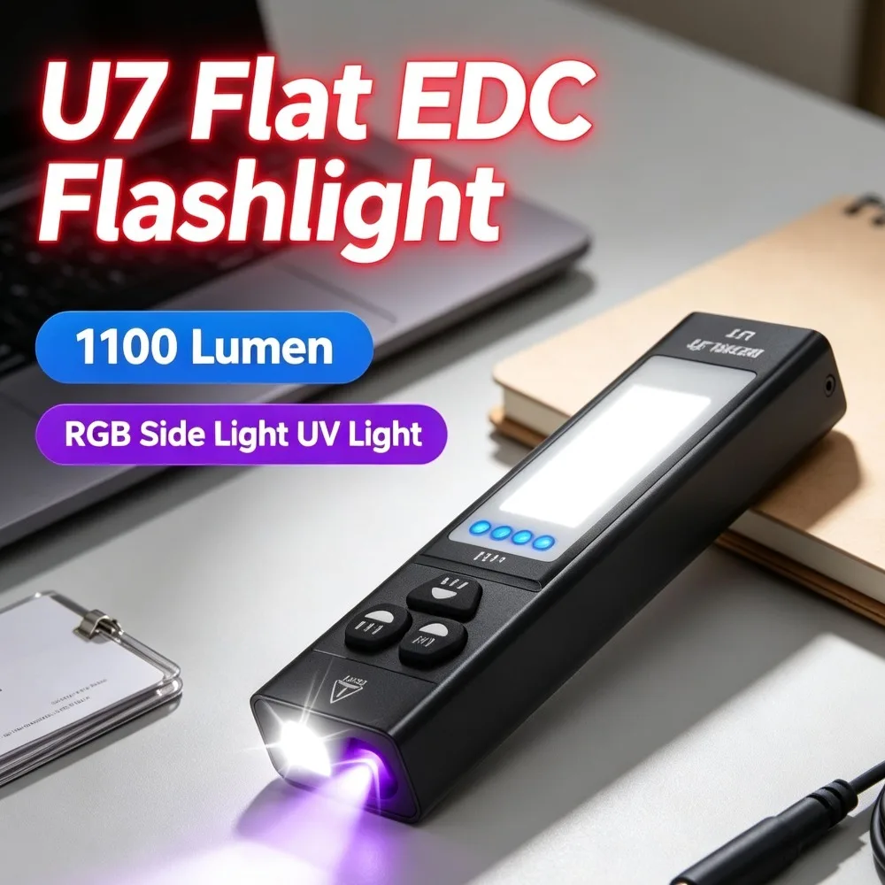 Flat U7 EDC Portable Flashlight 1100 Lumen High Bright Torch RGB Side Lamp UV Light for Outdoor Camping Emergency