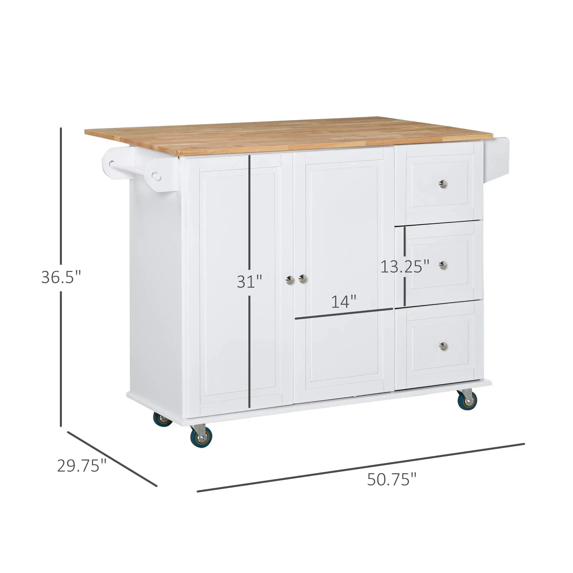 Modern Elegant Style Kitchen Island Trolley Cart Cabinet Storage with Towel and Spice Rack Spacious and 3 Drawers