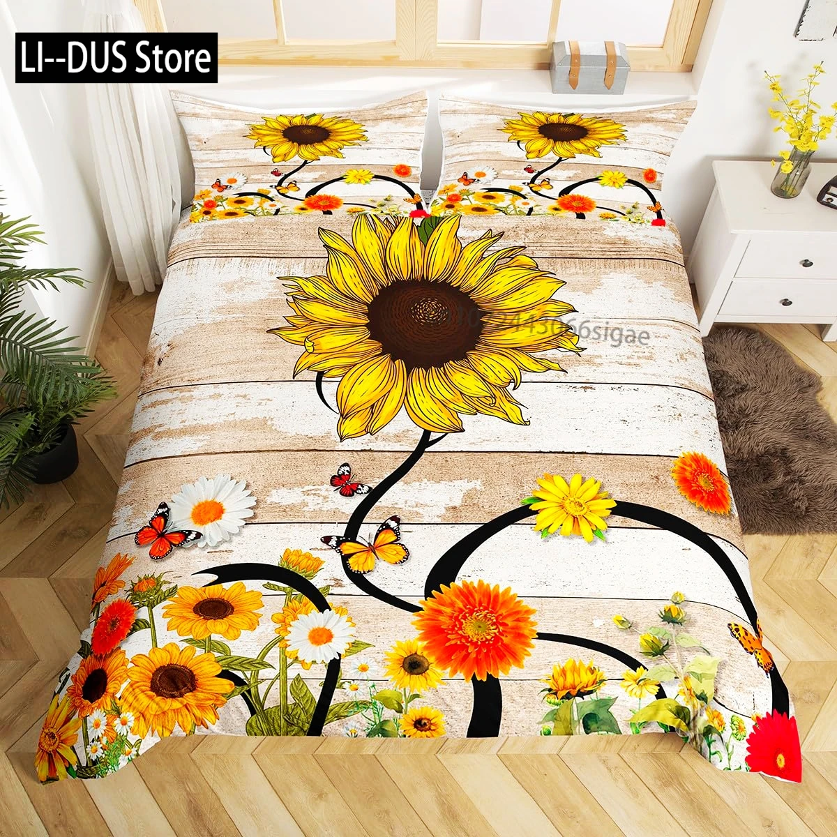 

Yellow Sunflower Comforter Set ,Butterfly Bedding Set for Kids Girls Teens Women,Country Floral Quilt Duvet Sets 2 Pillow Cases
