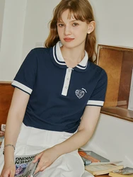 FSLE Office Lady Polo Knitted T-shirt Women's 2024 Summer New Retro Classic White Deep Blue Women Top Casual Loose  24FS12370