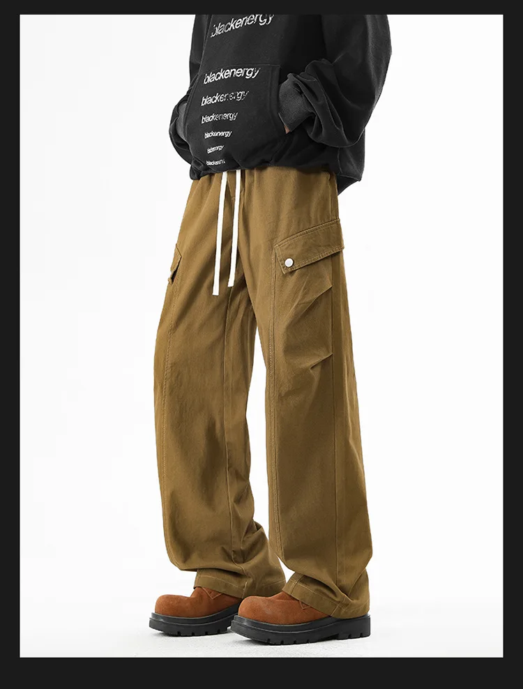 Celana Panjang Pria Model Terbaru Musim Semi Gugur 2025, Warna Solid Kasual Trendi Katun Lurus Lebar Multi Saku Longgar