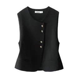 Gilet à col rond pour femme, nouveau haut avec ceinture, coupe couvertes, costume sans manches, style court, automne et hiver