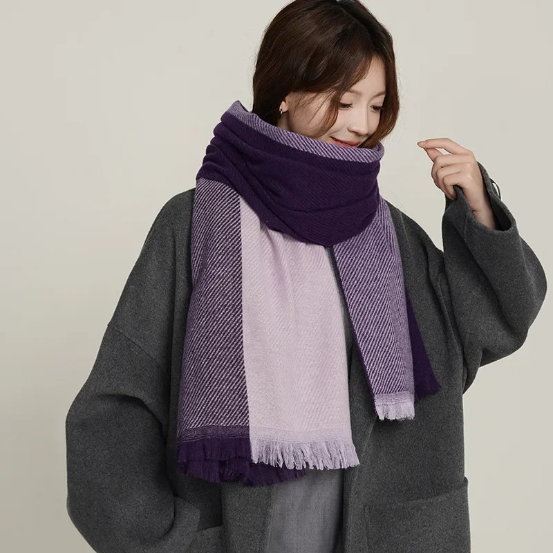 Autumn Winter New Double-sided Color-blocked Imitation Cashmere Scarf Short Beard Scarf for Women Versatile High-end Warm Shawl