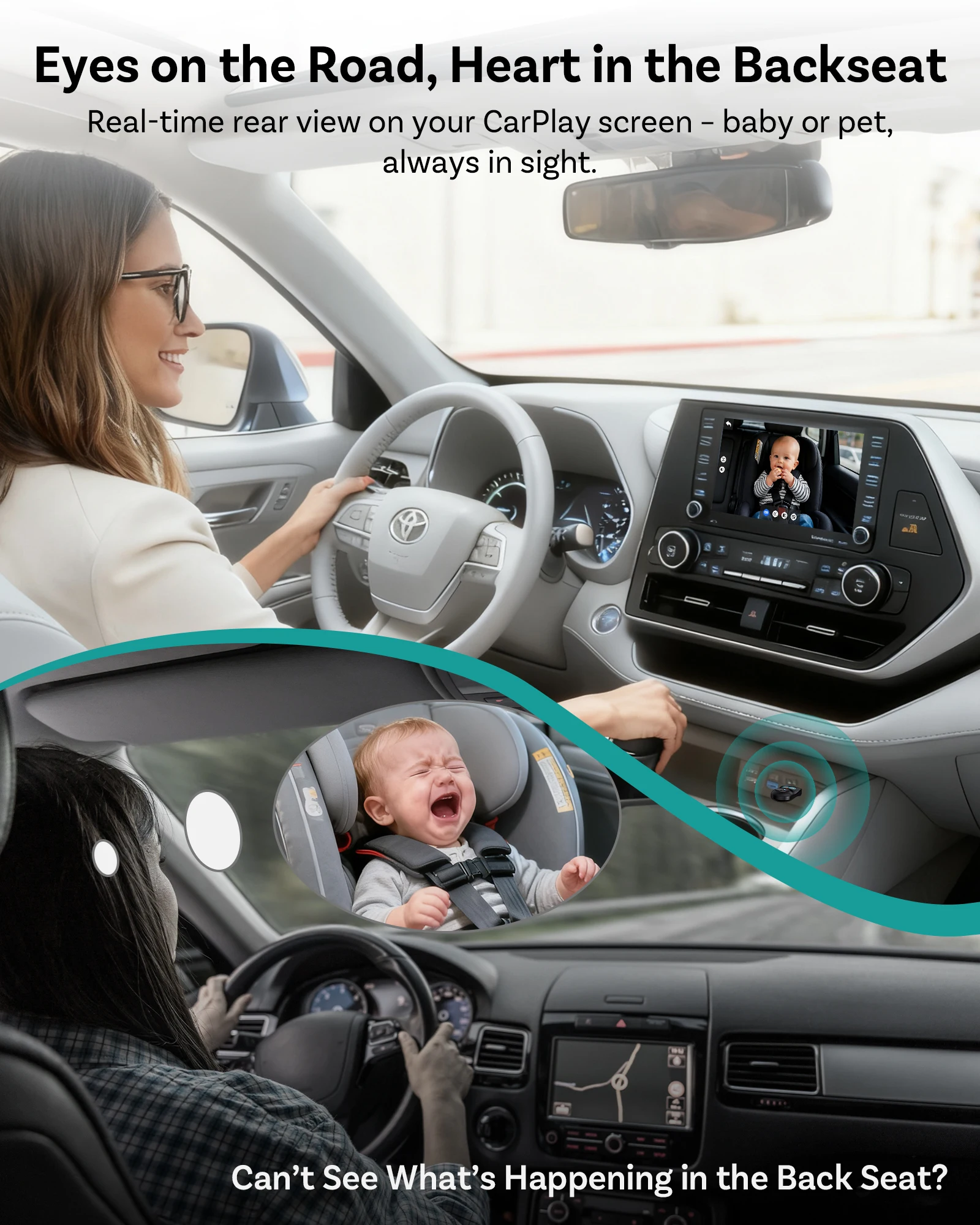 Ottocast Baby Car Monitor Cabin Care Wireless CarPlay Adapter  Car Camera HD 150° Wide-angle Night Vision Backse Monitor for Car