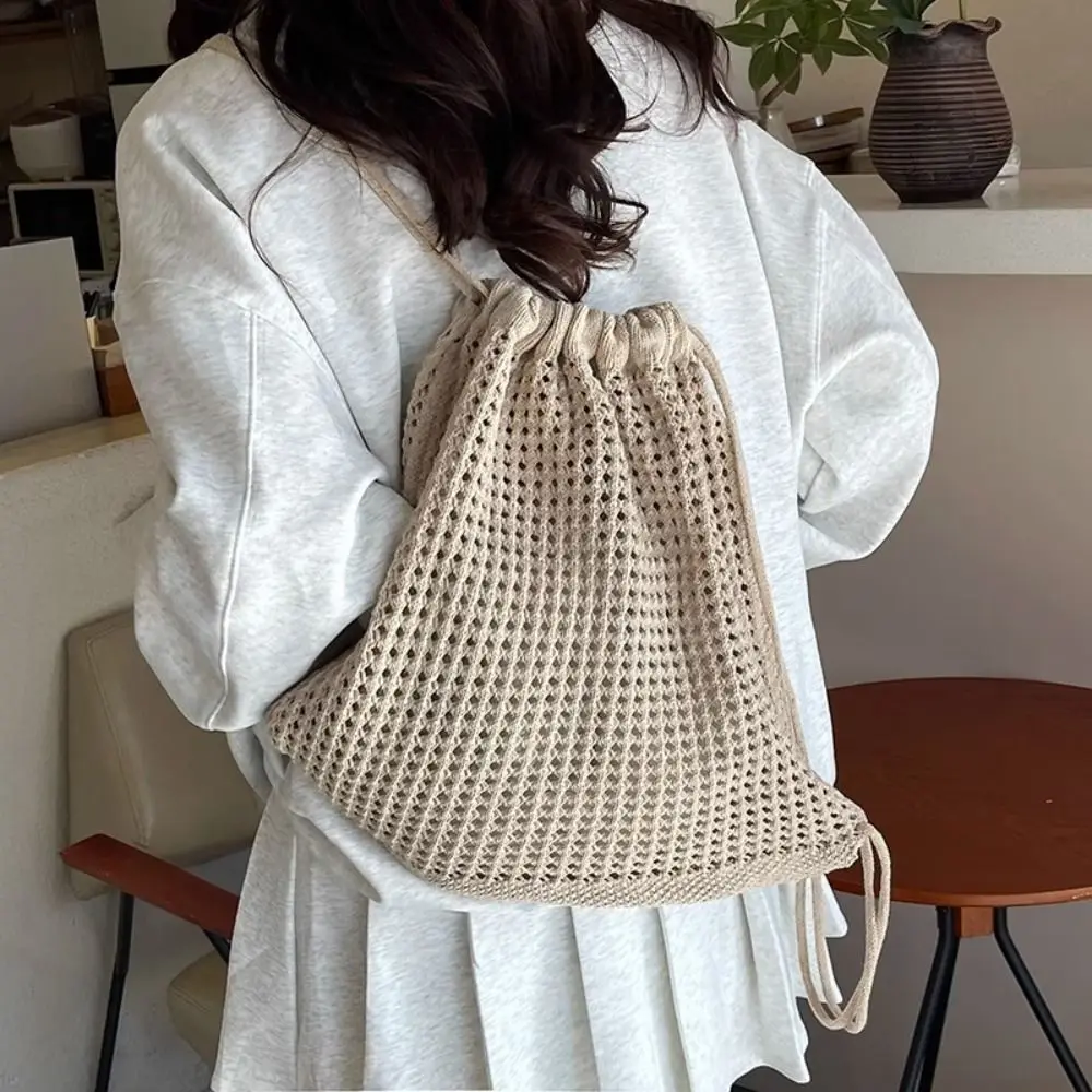 Solid Color Knitting Shoulder Bag Large Capacity Hollow Out Bohemian Crochet Backpack Lazy Style Versatile
