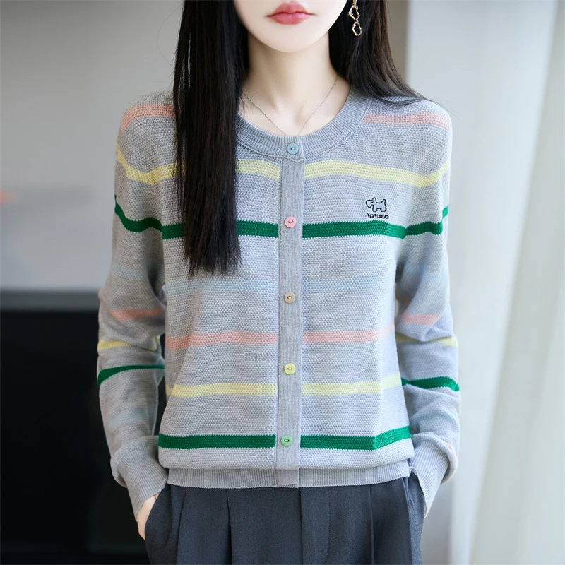 

Autumn and winter wool round neck embroidered striped knitted sweater knitted new loose sweater long sleeved 2025 top cardigan