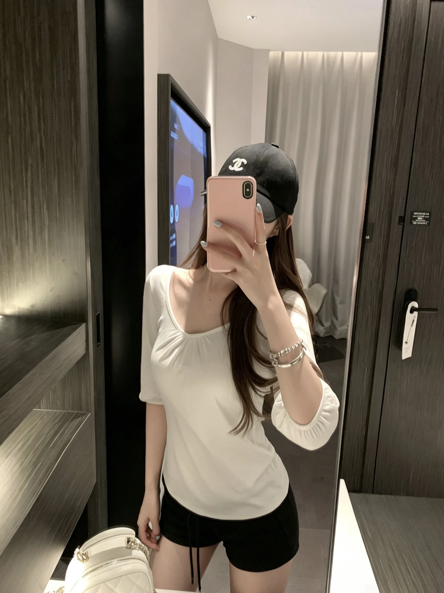 NAYA CHAN Gentle Wind V-Neck Mid-Sleeve Pleated Thin T-Shirt Loose Waist Slimming Top Casual Style Universal Fit Slimming Effect