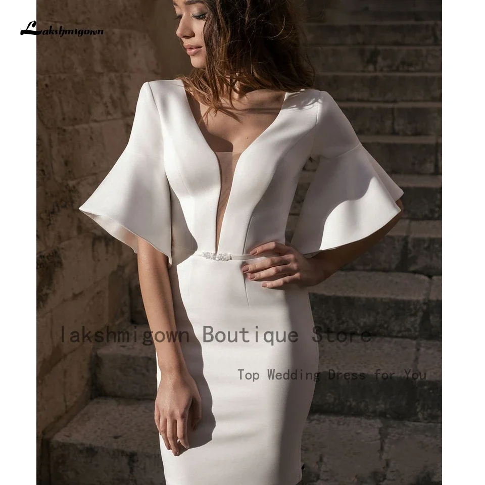 Robe Satin Short Wedding Dress Puffy Half Sleeves 2025 Sheath Sexy Bridal Dinner Party Gowns Open Back Vestido Noiva Curto