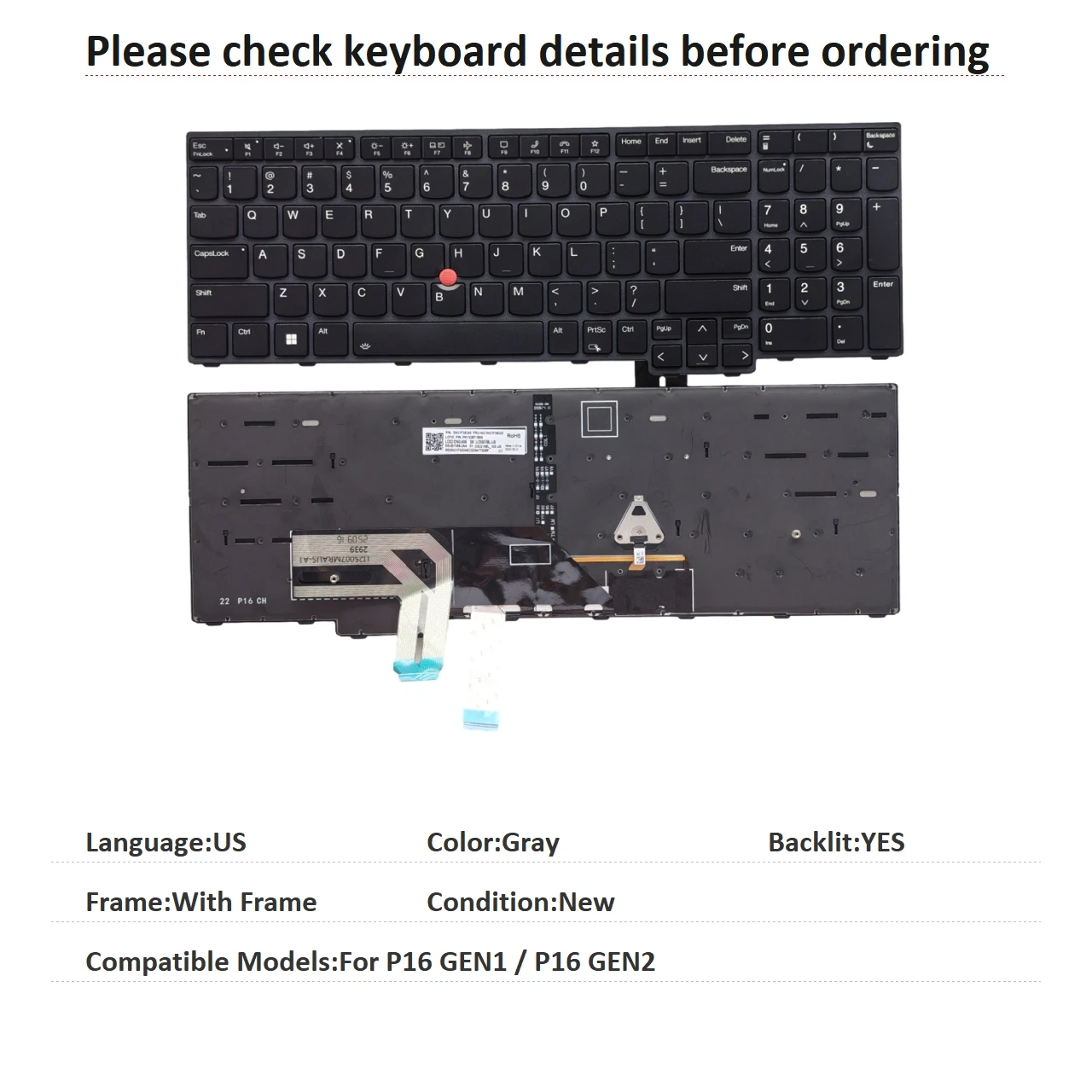 New US Language  Backlit Keyboard For Lenovo Thinkpad P16 GEN1 / P16 GEN2 Notebook PC Replacement Keyboard