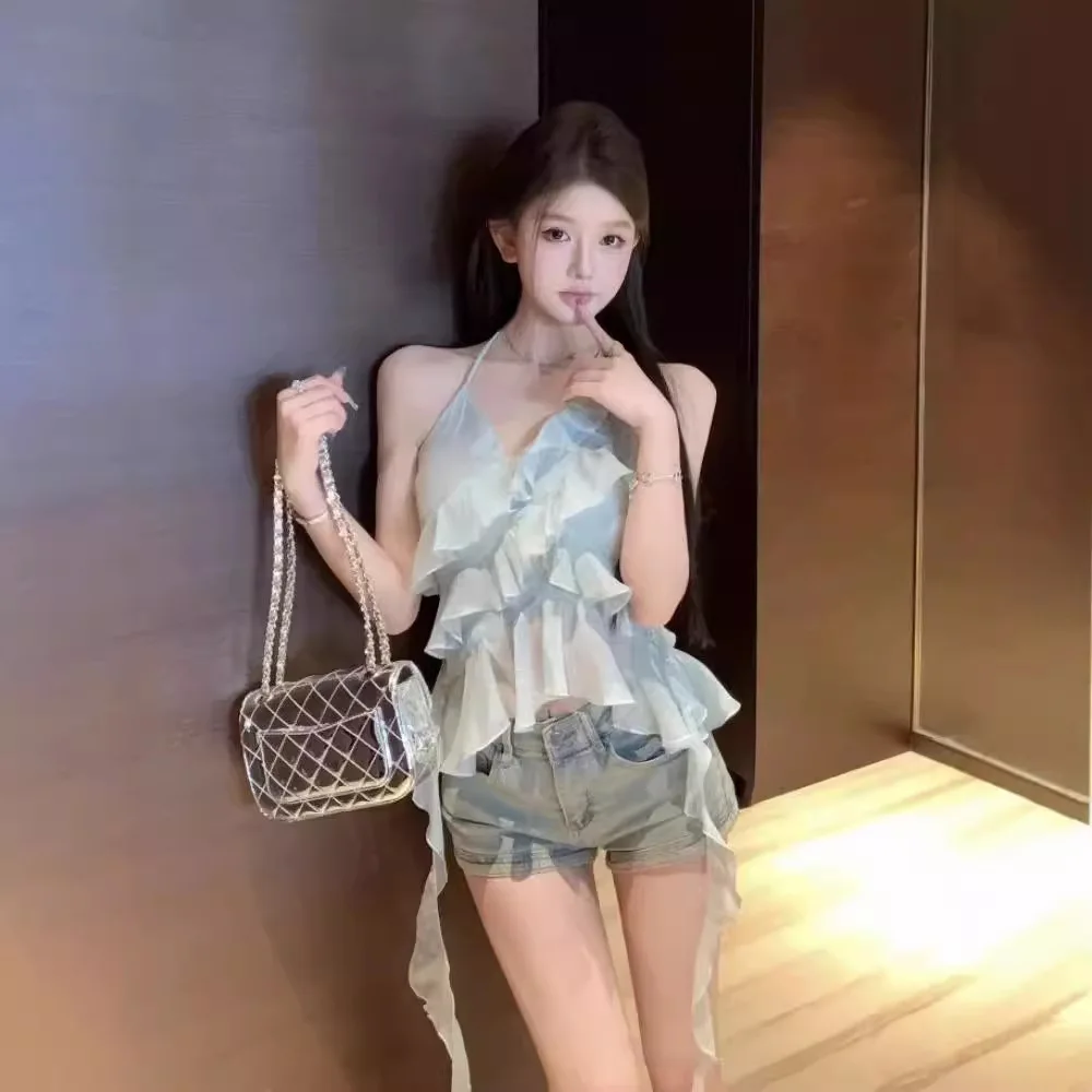 

2026 Summer New Women's Blue Ruffle Hem Halter Cami Top Slim Irregular Pure Desire Style Crop Top For Daily Outdoor Streetwear
