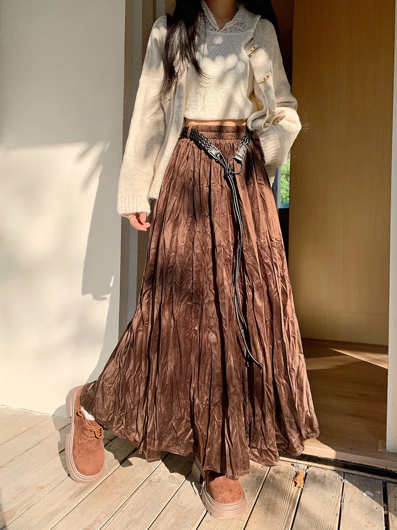 กระโปรงยาวทรงเอวสูง 3 สี ไซส์ SML สไตล์เกาหลี จีบพลีท แฟชั่นผู้หญิง ฤดูใบไม้ผลิ ฤดูใบไม้ร่วง 2026 สตรีทแวร์ ทันสมัย