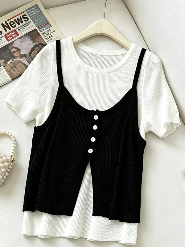 

plus Size Summer New Women's Slimming Design Knitted Top Fake Two-Piece Loose T-Shirt Korean Style Breathable Linen Short Sleeve