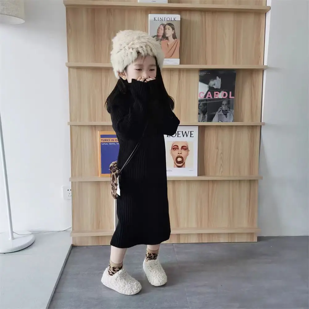 High Neck Winter Fall Knitted Sweated Dress Children Party Long Sleeve Dresses For Girls 2 3 4 5 6 7 8 9 10 Years Clothes White