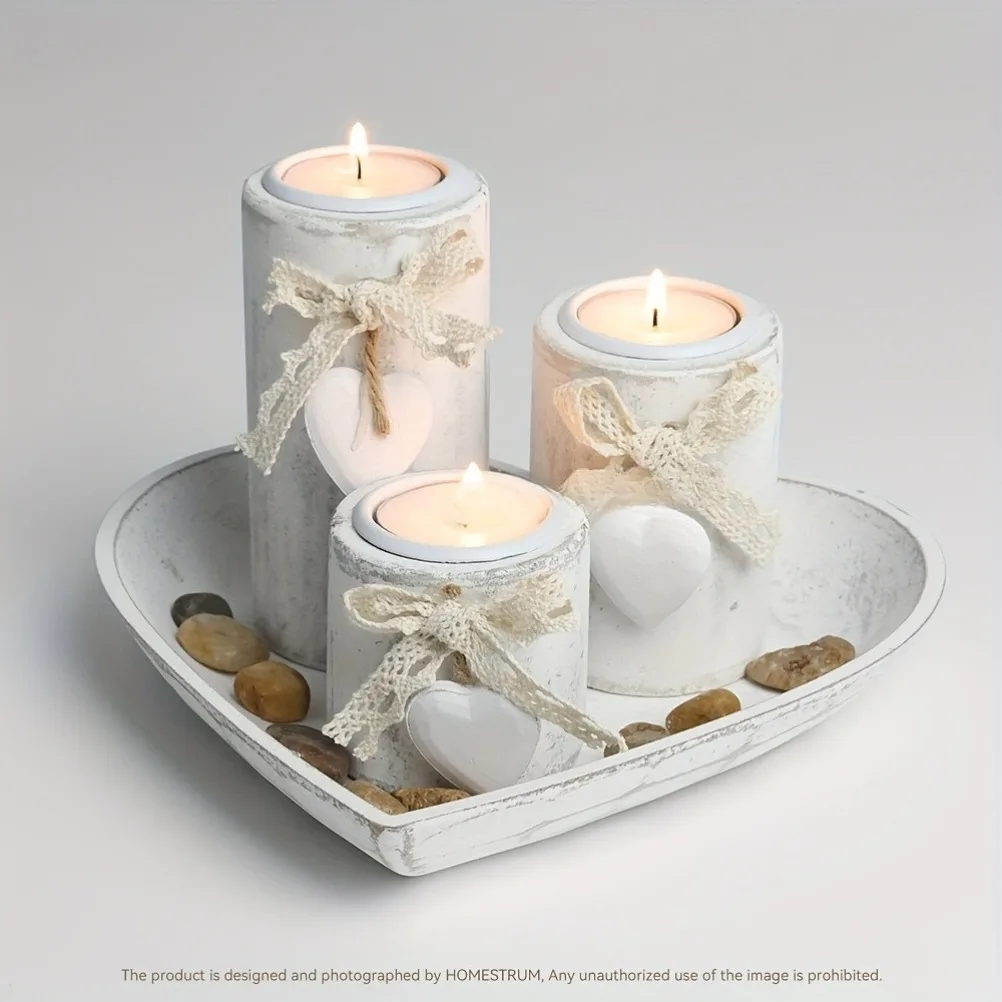 

Wooden Candle Holder Set Tea Lamp Candlestick Set Heart Shaped Tray Jewelry Tray Home Decoration Christmas Present
