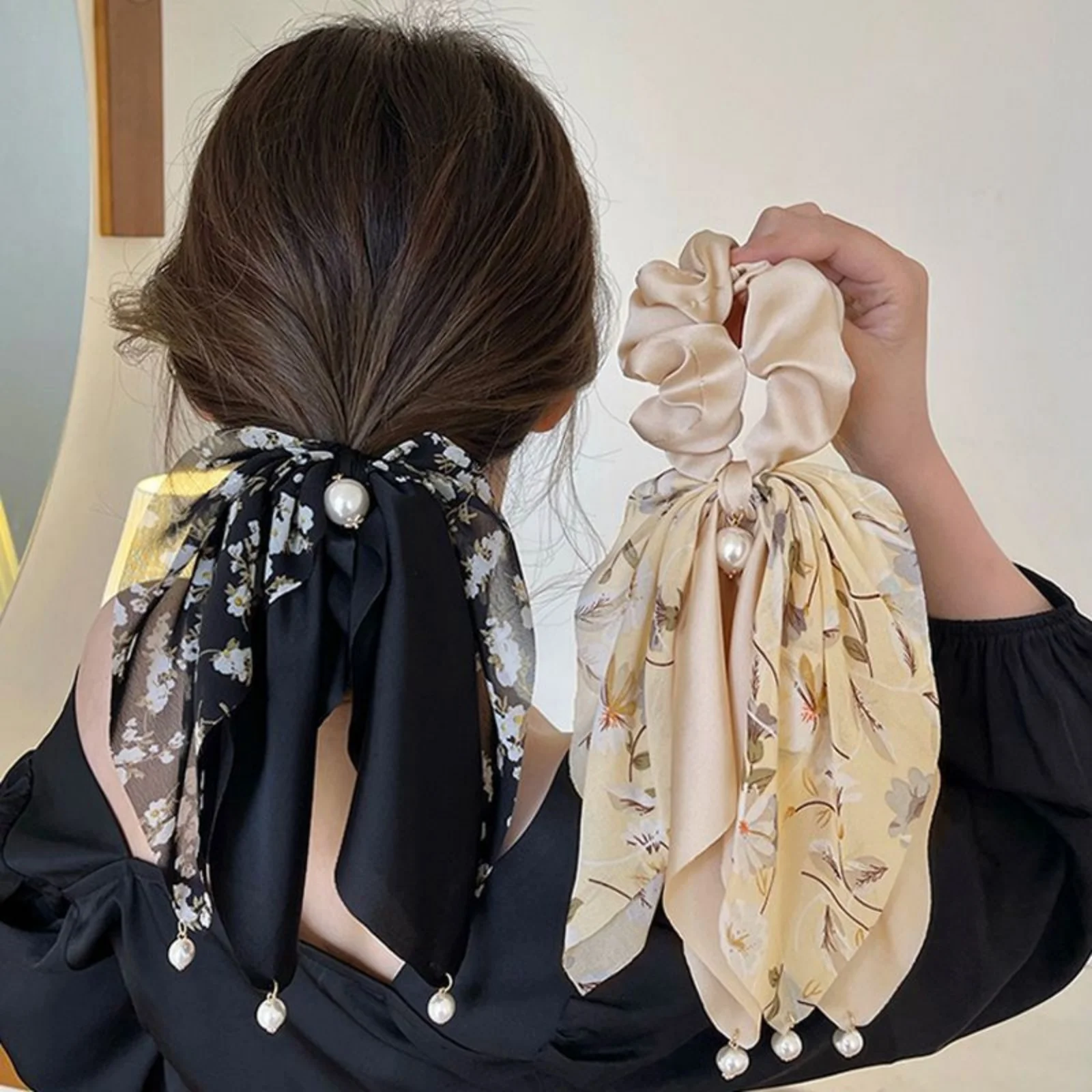 

1PC　Floral Print Satin Hair Scrunchies with Ribbon & Pearl Accents, Elegant Hair Ties for Women, Charming Hair Accessories Set
