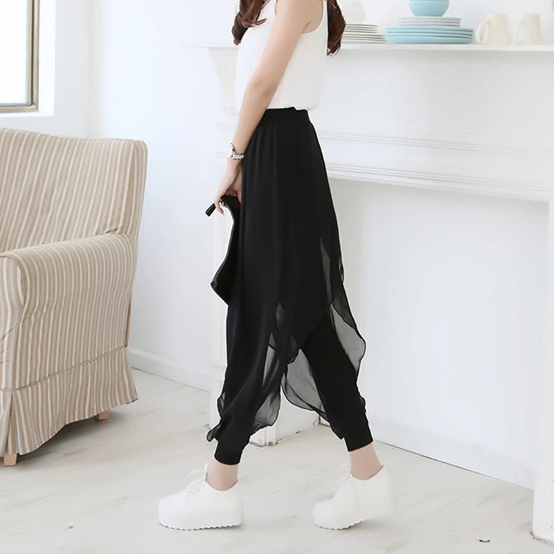 بنطلون هاريم واسع الساق رقيق للربيع والصيف، ياقة شال، تصميم فضفاض، بنطلون شبكي فضفاض بخصر مرتفع، طول تسعة أرباع، جينز نسائي