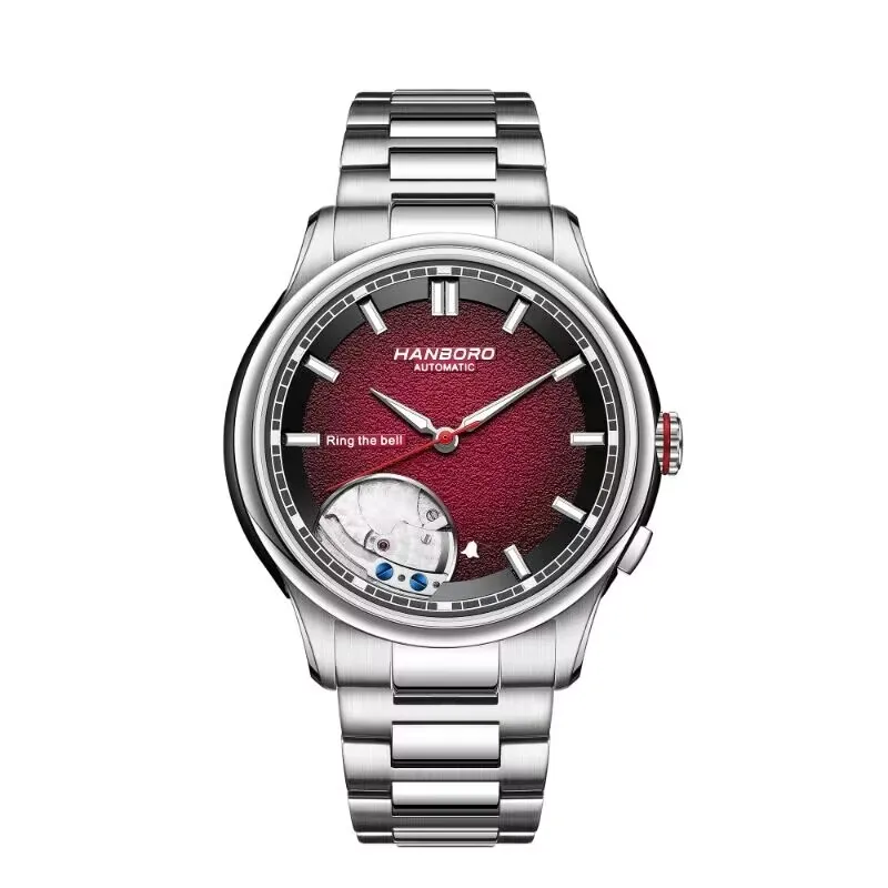 

HANBORO мужские автоматические часы 41,5 мм будильник механические наручные часы кольцо колокольчик 5ATM сапфировый светящийся скелетон градиентный циферблат