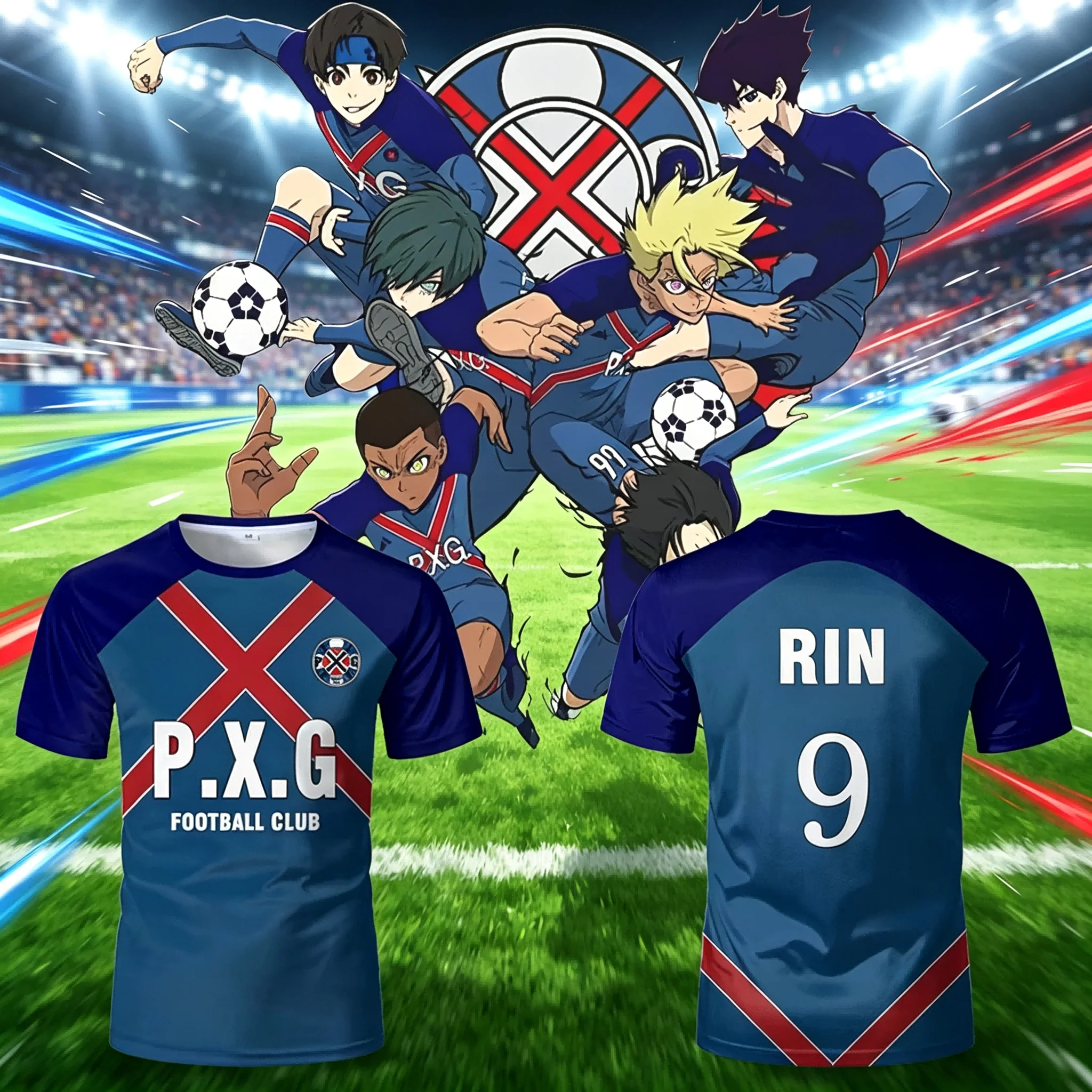 Nouveau maillot de football P.X.G Blue Lock, uniforme d'anime japonais, n°9 Rin Shidou, t-shirt de cosplay, hauts de sport décontractés pour hommes et femmes