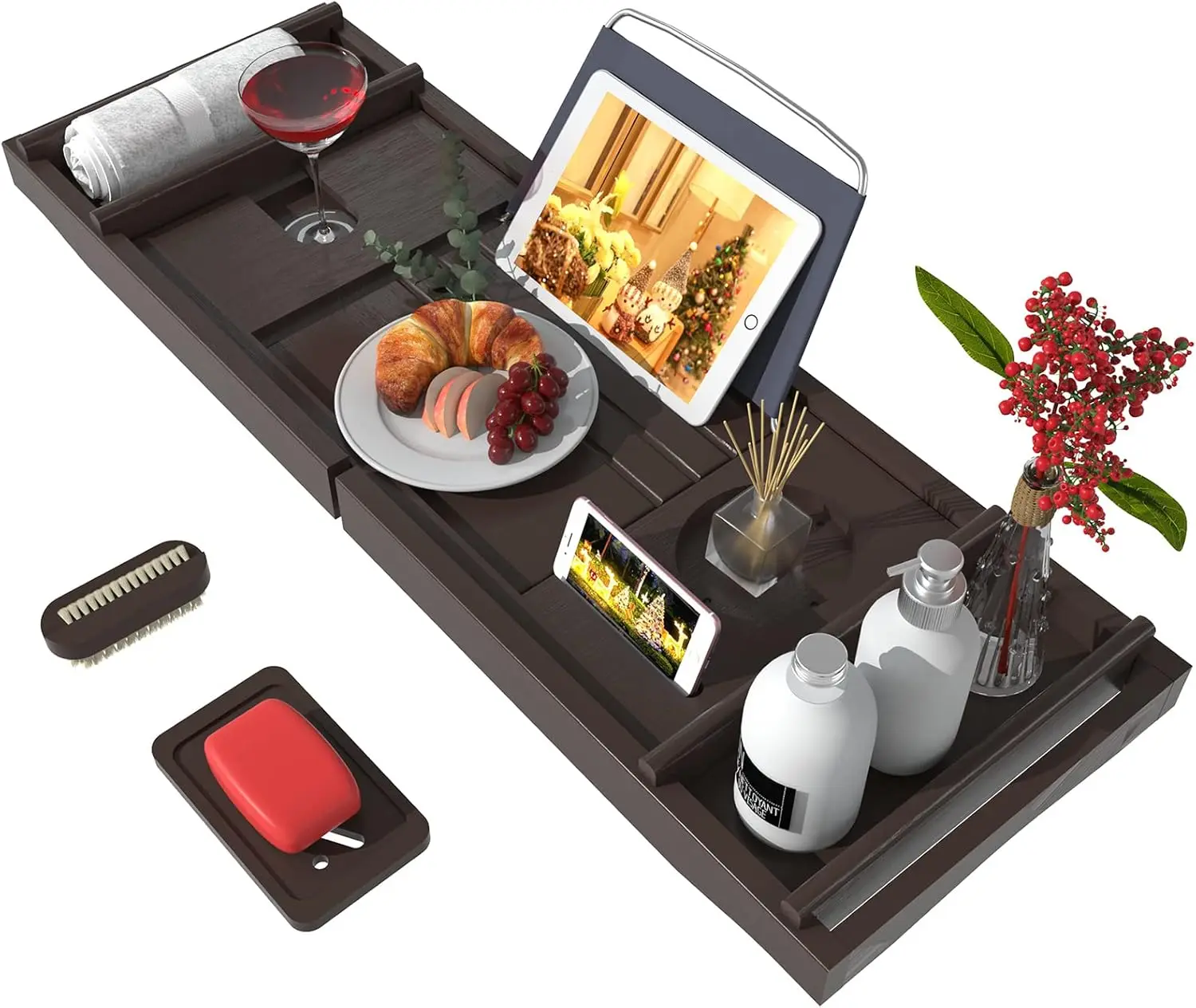 

Расширяемый бамбуковый поднос для ванны с подставкой для вина, подставкой для книг и мыльницей - регулируемый для всех ванн